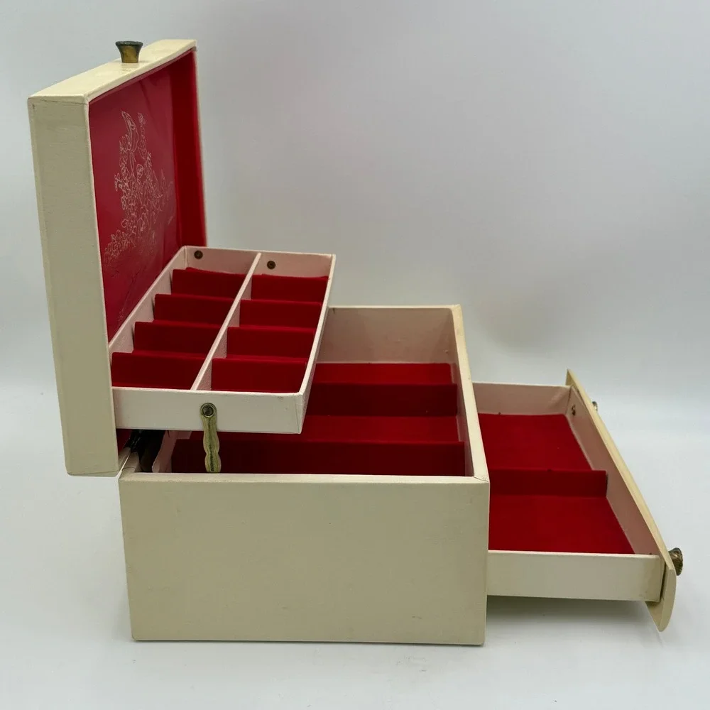 Vintage Cream Faux Leather Jewelry Box Red Lining Floral Rose Cantilever Drawer